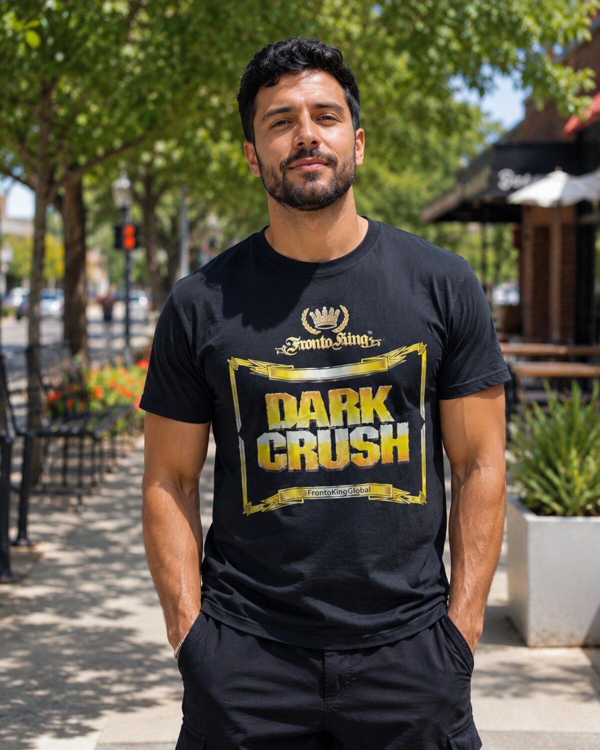 Model wearing a black Fronto King Dark Crush T-shirt