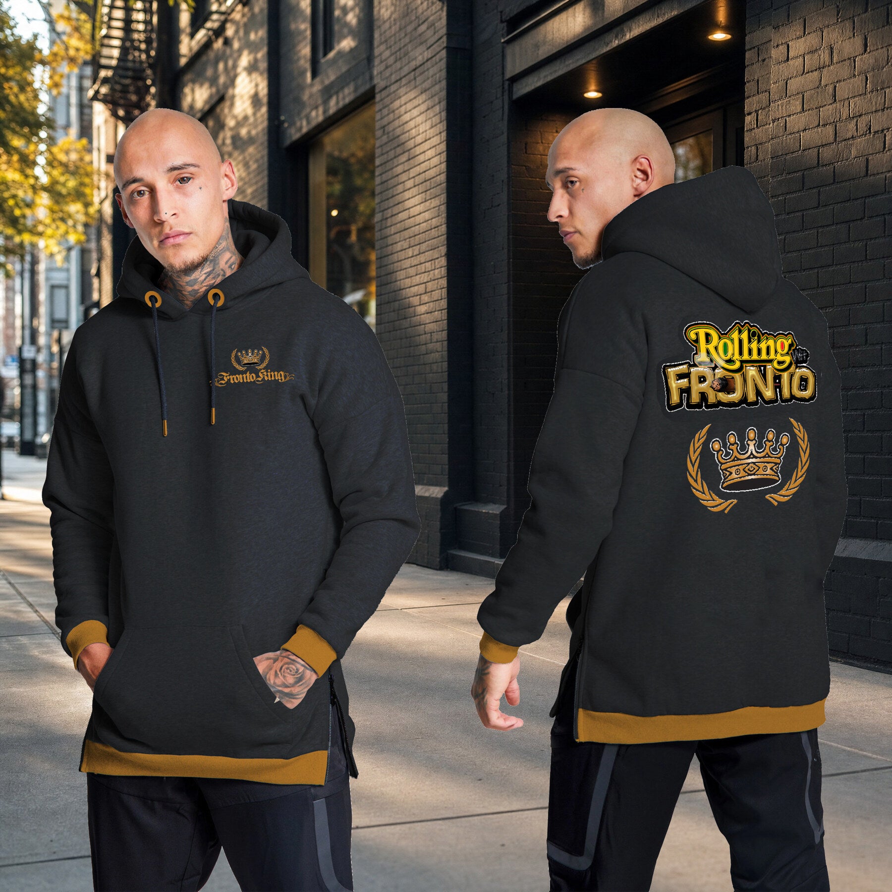 Front and back views of the black and gold Fronto King signature hoodie